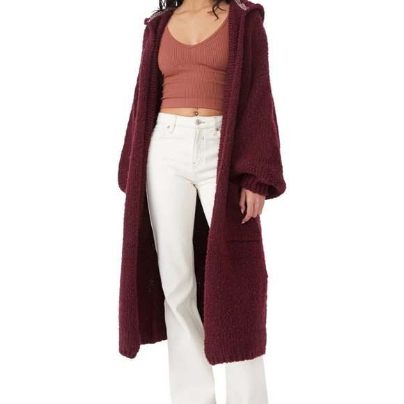 Free People Marooon Long Sleeve Caffe Long Hooded Cardigan Small Size Nwt